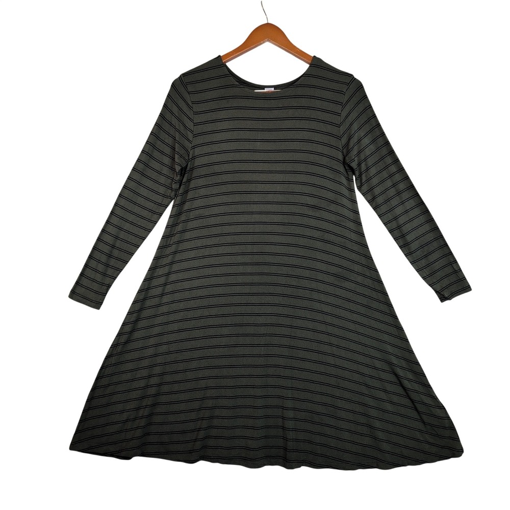 Old Navy Olive Green Black Striped Long Sleeve Knit Swing Dress Comfort Stretch
